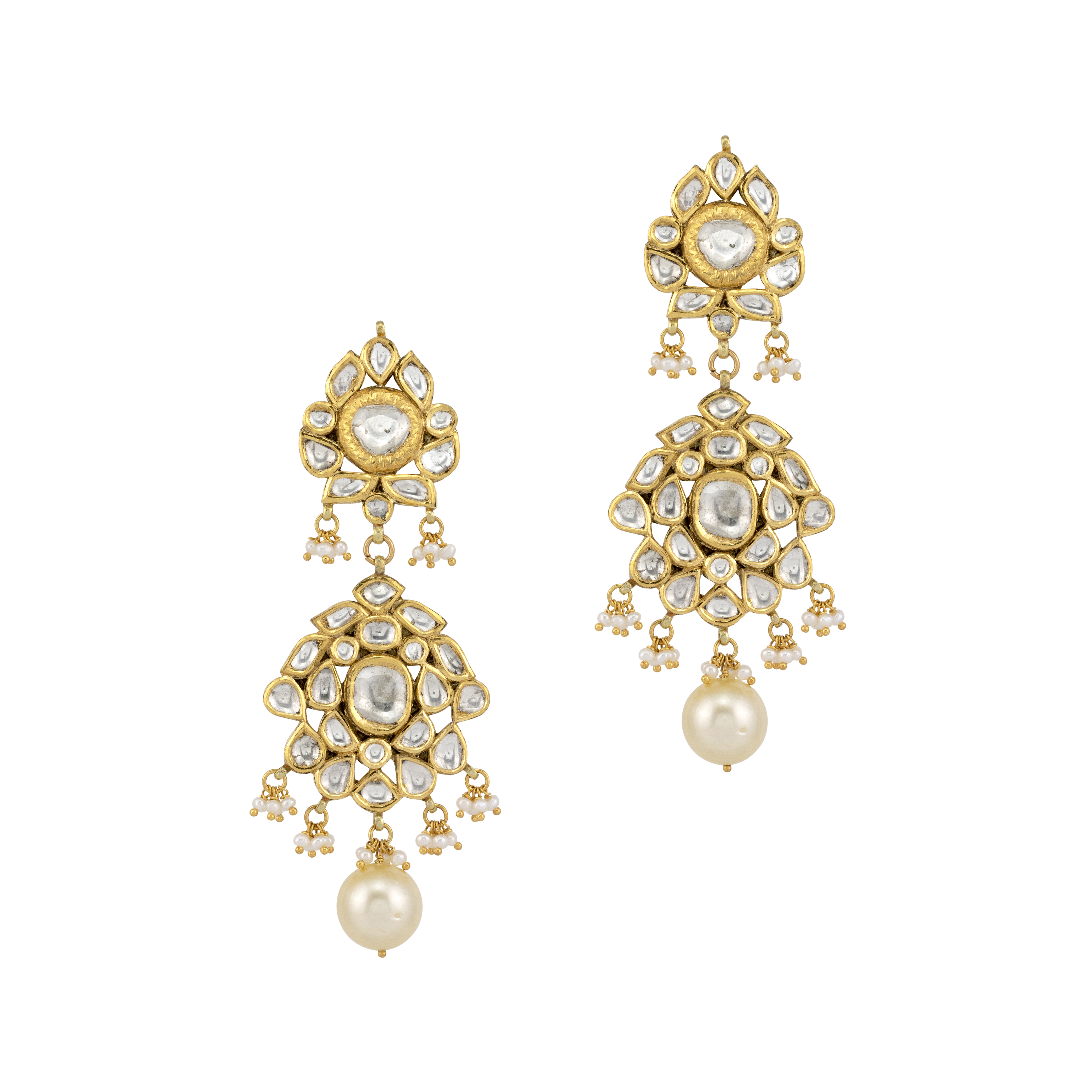 Floral Polki Earrings with Emerald Maniya and Pearl Beads